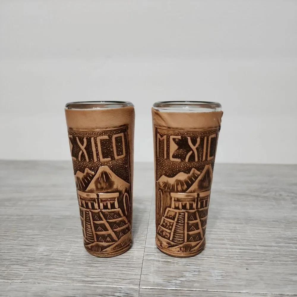 Mexico Tooled Leather Shot Glass‎ Travel Souvenir Set Of 2